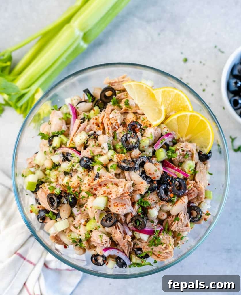 Wholesome White Bean Tuna Medley 7 top view tuna salad in a clear bowl