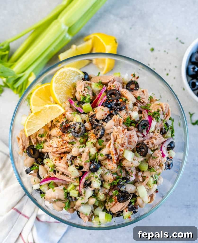 Wholesome White Bean Tuna Medley 8 top view tuna salad in a clear bowl