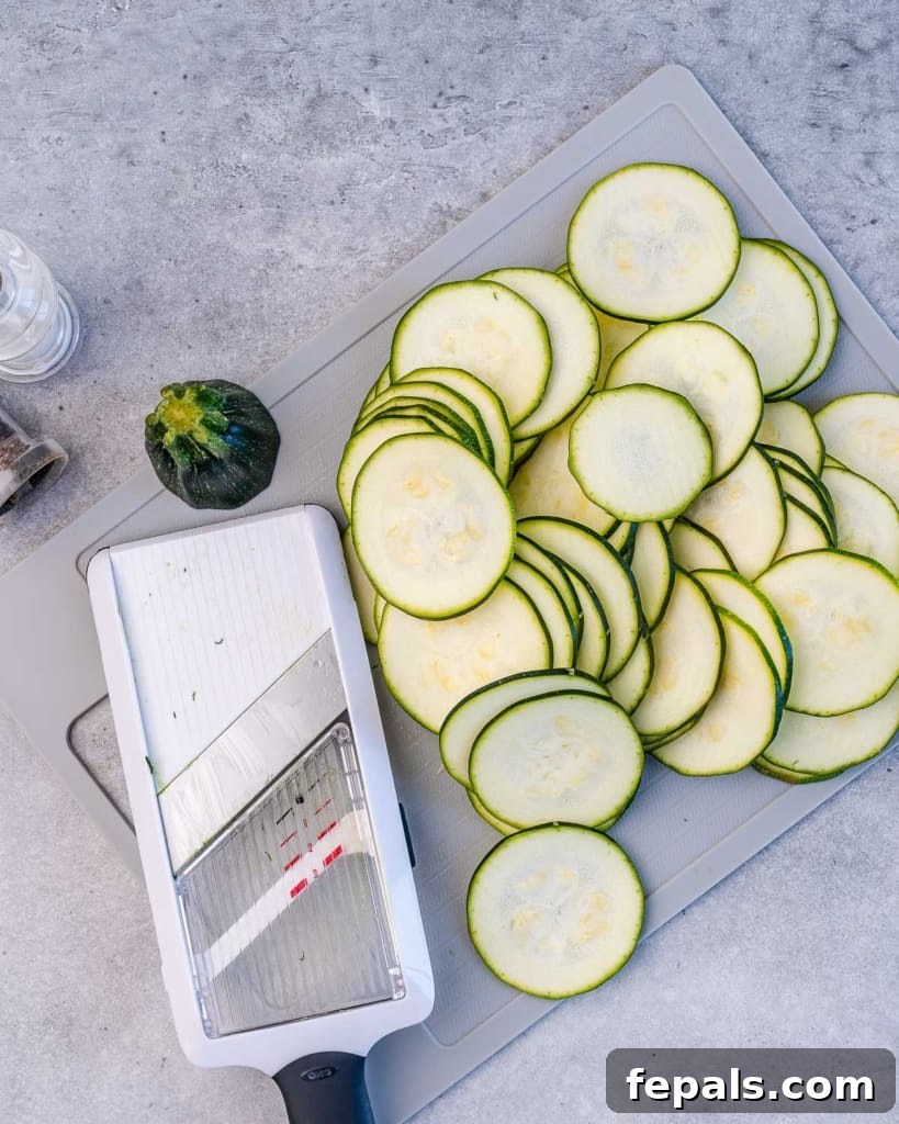 Crispy Air Fryer Zucchini Bites 5 sliced zucchini next to mandolin on a cutting board