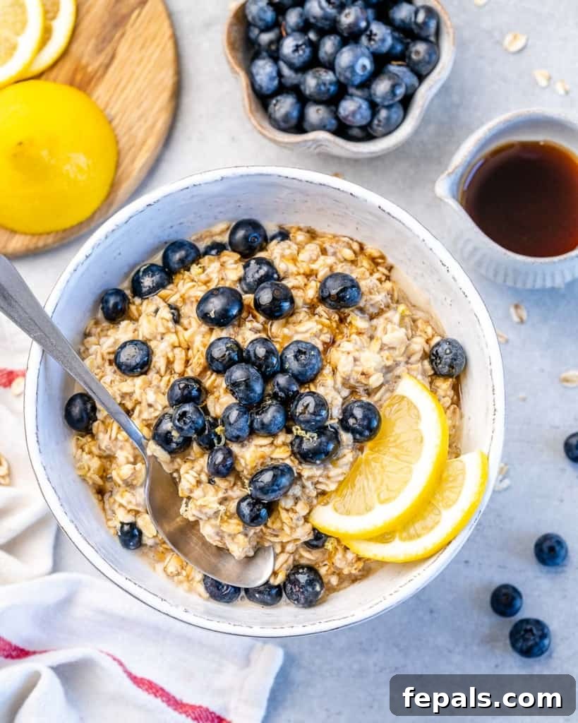 Berry Bliss Overnight Oats 11 A single bowl of healthy blueberry overnight oatmeal with chia seeds, adorned with fresh blueberries and a slice of lemon, ready to be enjoyed.