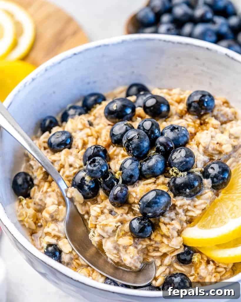 Berry Bliss Overnight Oats 12 A bowl of blueberry overnight oats, garnished with fresh blueberries and lemon wedges, showcasing a healthy and appealing breakfast.