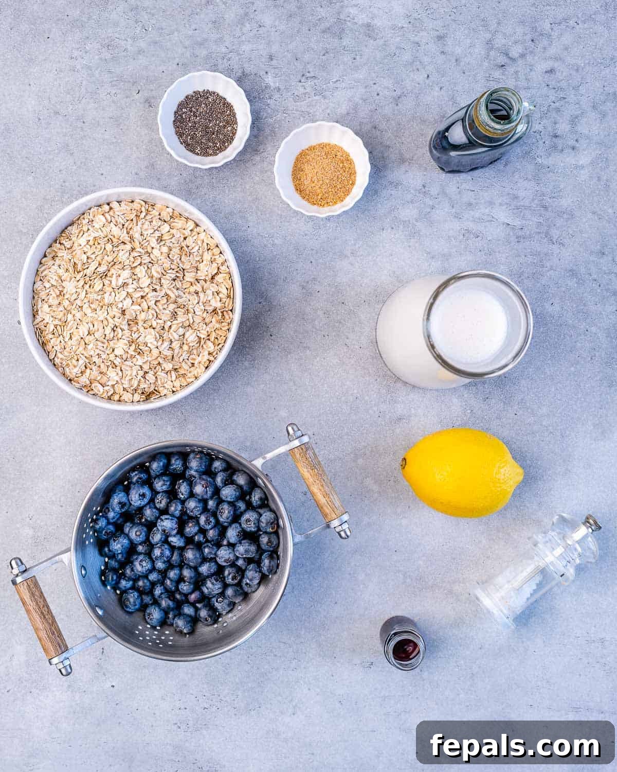 Berry Bliss Overnight Oats 6 Ingredients for blueberry overnight oatmeal laid out: oats, flax seeds, chia seeds, lemon, milk, maple syrup, blueberries, salt, and vanilla essence on a gray surface.