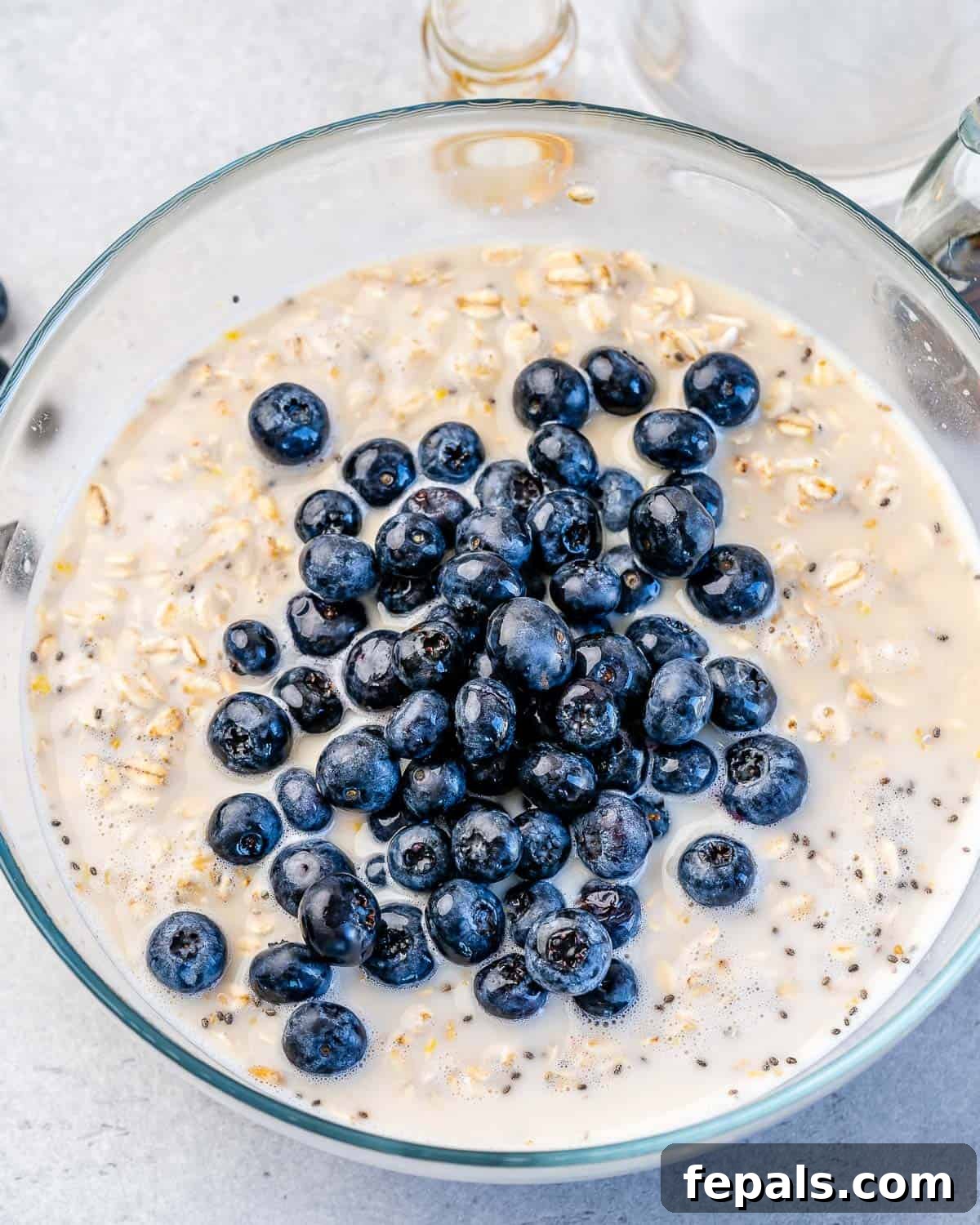 Berry Bliss Overnight Oats 8 All ingredients combined in a bowl: oats, milk, chia seeds, flax seeds, and blueberries, ready to be covered and chilled.
