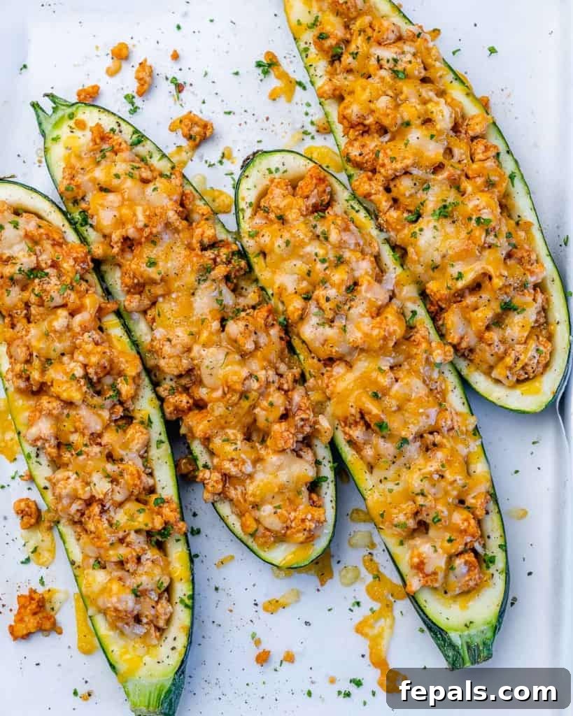Fiery Buffalo Chicken Zucchini Boats 2 Top view of four delectable Buffalo chicken zucchini boats, garnished and ready to enjoy.