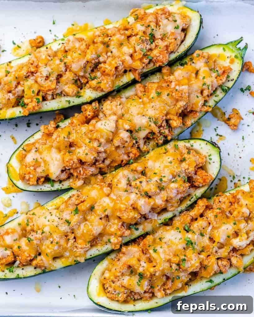 Fiery Buffalo Chicken Zucchini Boats 3 Close-up top view of four delectable Buffalo chicken zucchini boats, showcasing the rich filling and melted cheese.