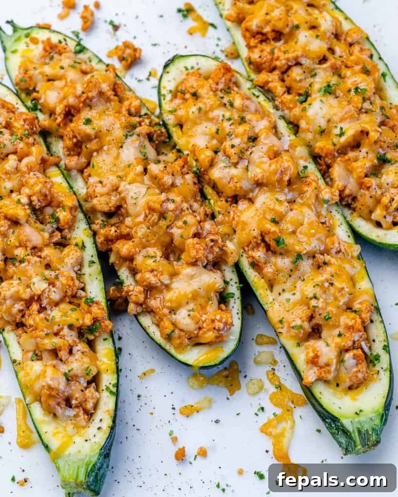 Fiery Buffalo Chicken Zucchini Boats 8 A tempting side shot of a perfectly baked buffalo chicken stuffed zucchini boat, showing off its rich filling and golden-brown cheese topping.