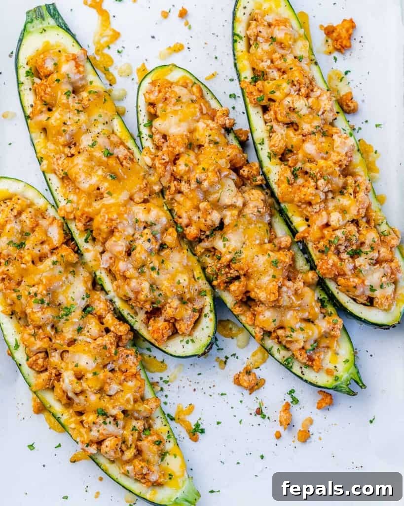 Fiery Buffalo Chicken Zucchini Boats 9 A pair of beautifully garnished Buffalo Chicken Zucchini Boats, presented perfectly for a healthy and satisfying meal.