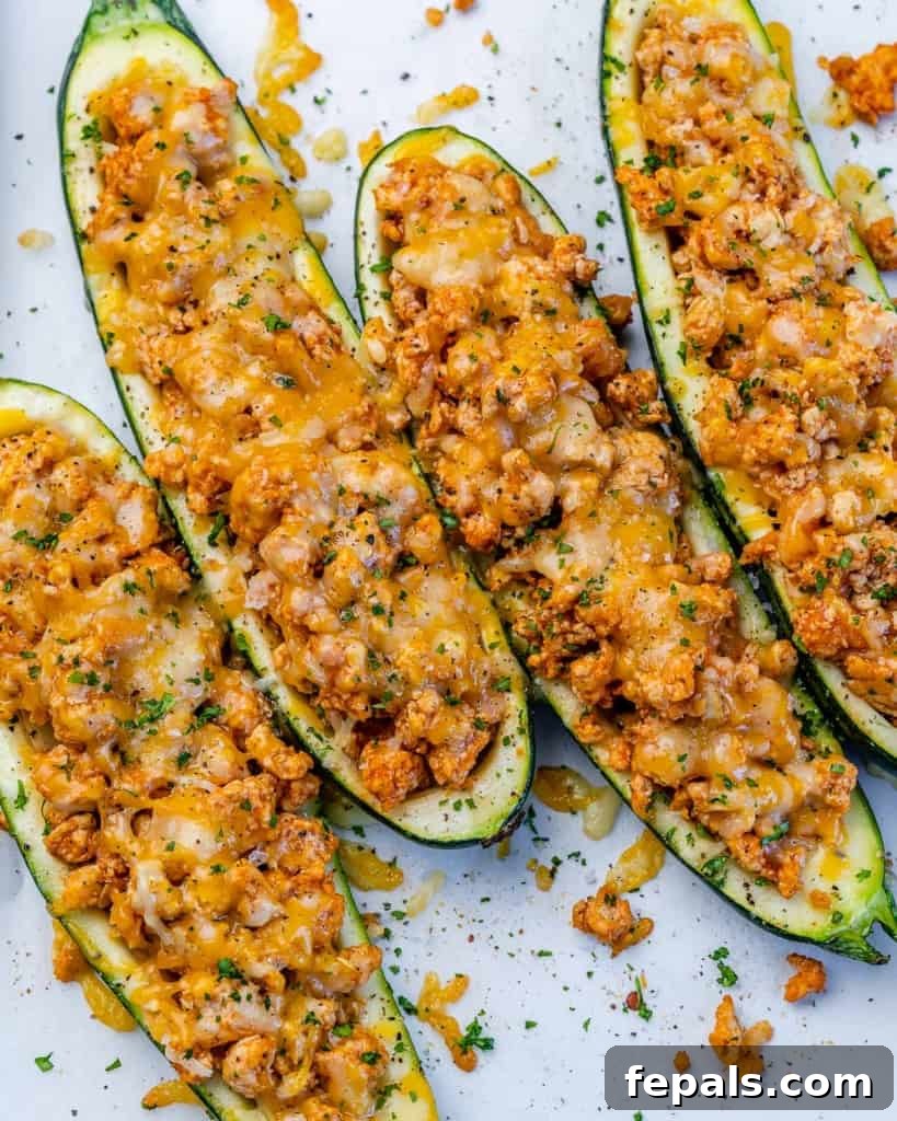 Fiery Buffalo Chicken Zucchini Boats 10 A final, appealing presentation of Buffalo Chicken Zucchini Boats, showing off their perfectly cooked texture and appetizing appearance.
