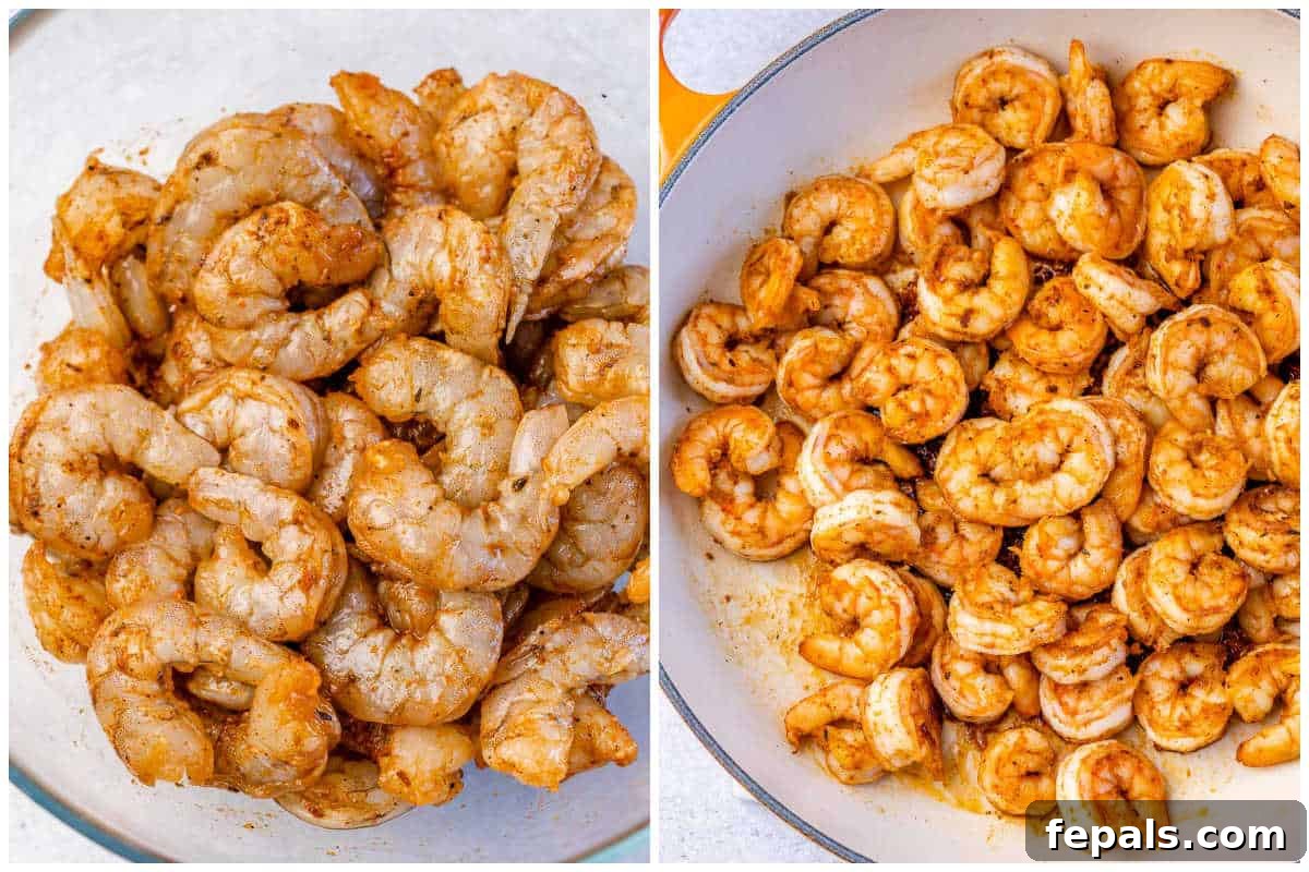 process shot showing seasoning the shrimp and cooking it in a pan.