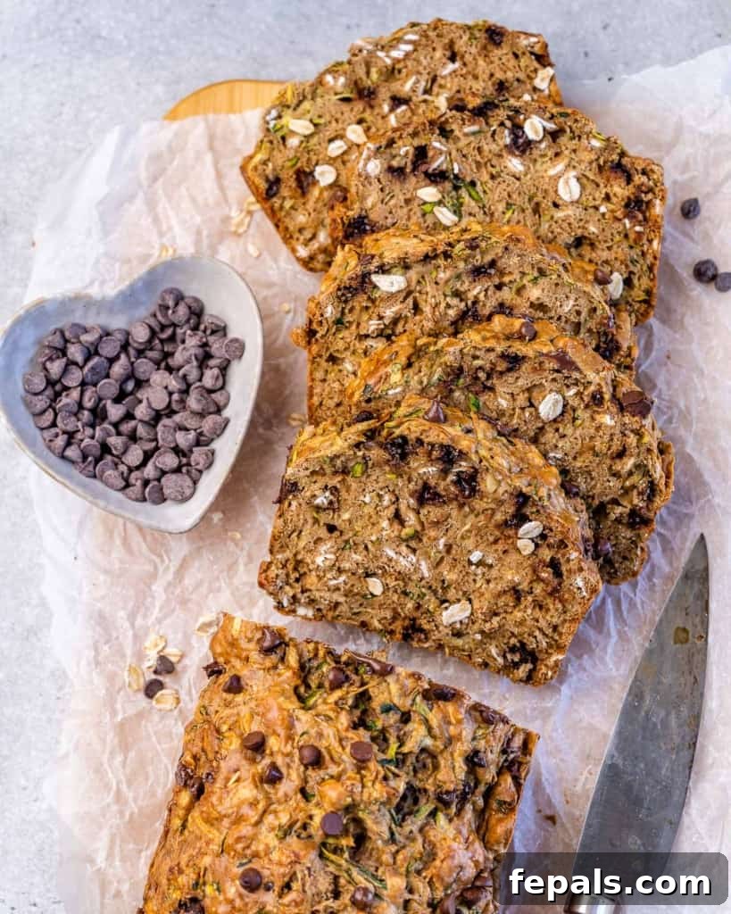 Wholesome Chocolate Chunk Zucchini Loaf 3 top view zucchini bread slices with a side of chocolate chips in a small heart shaped white bowl