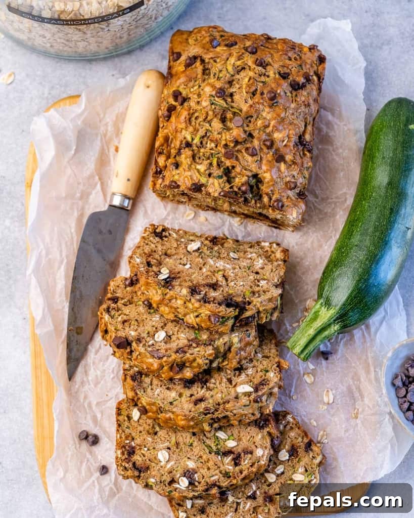 Wholesome Chocolate Chunk Zucchini Loaf 8 top view of sliced zucchini bread
