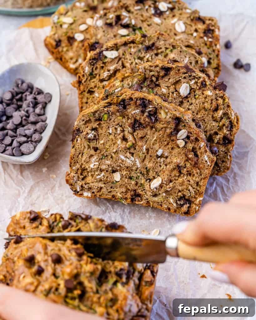 Wholesome Chocolate Chunk Zucchini Loaf 9 side shot of sliced zucchini bread