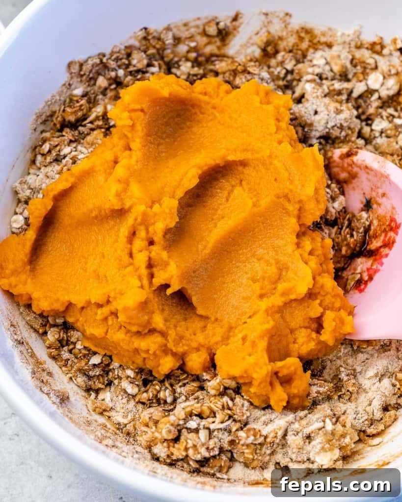 Spiced Pumpkin Oat Delights 5 Pumpkin puree being added to the dry oatmeal mixture in a large mixing bowl, a key step in making pumpkin oatmeal cookies