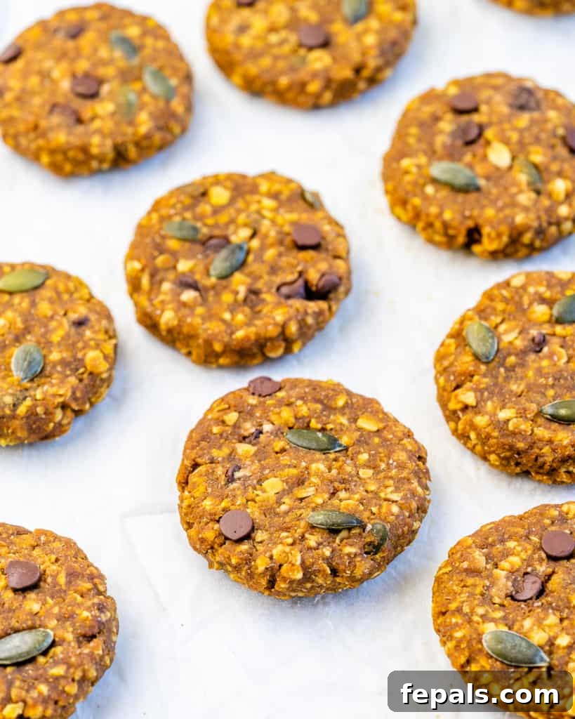 Spiced Pumpkin Oat Delights 8 Side shot of healthy pumpkin oatmeal cookies on parchment paper, showcasing their perfect texture and golden hue