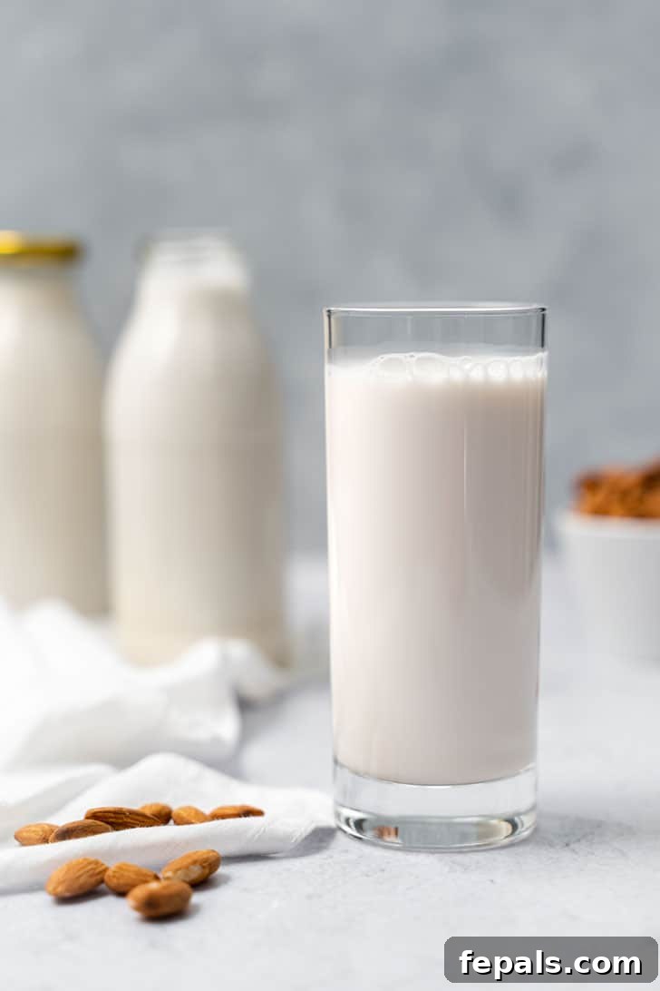 front view of almond milk in glass