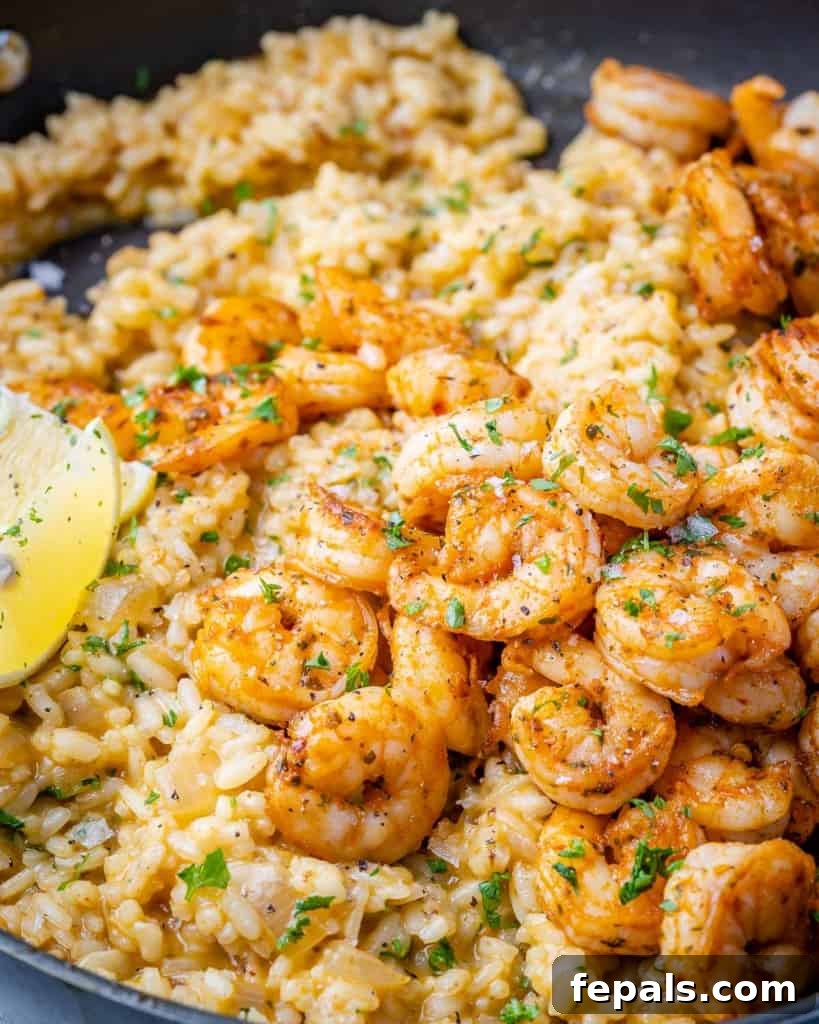 Golden Garlic Shrimp Risotto 3 close up view of shrimp risotto in a pan