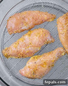 marinated chicken breast set on an air frier wired basket
