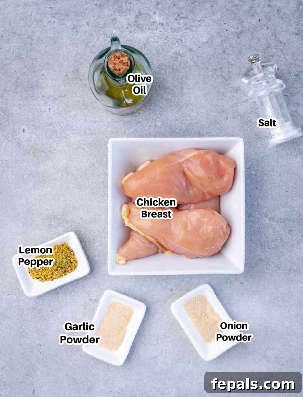 Air fryer chicken breast ingredients labeled.
