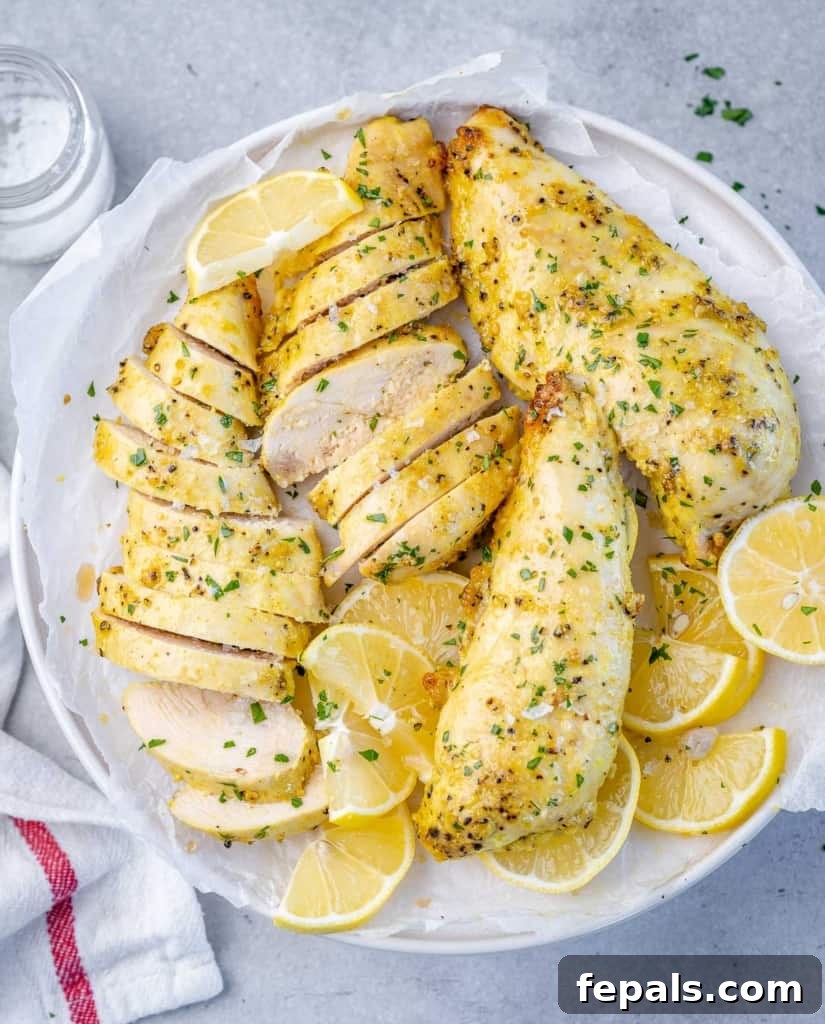 top view air fried chicken breasts on a white plate 