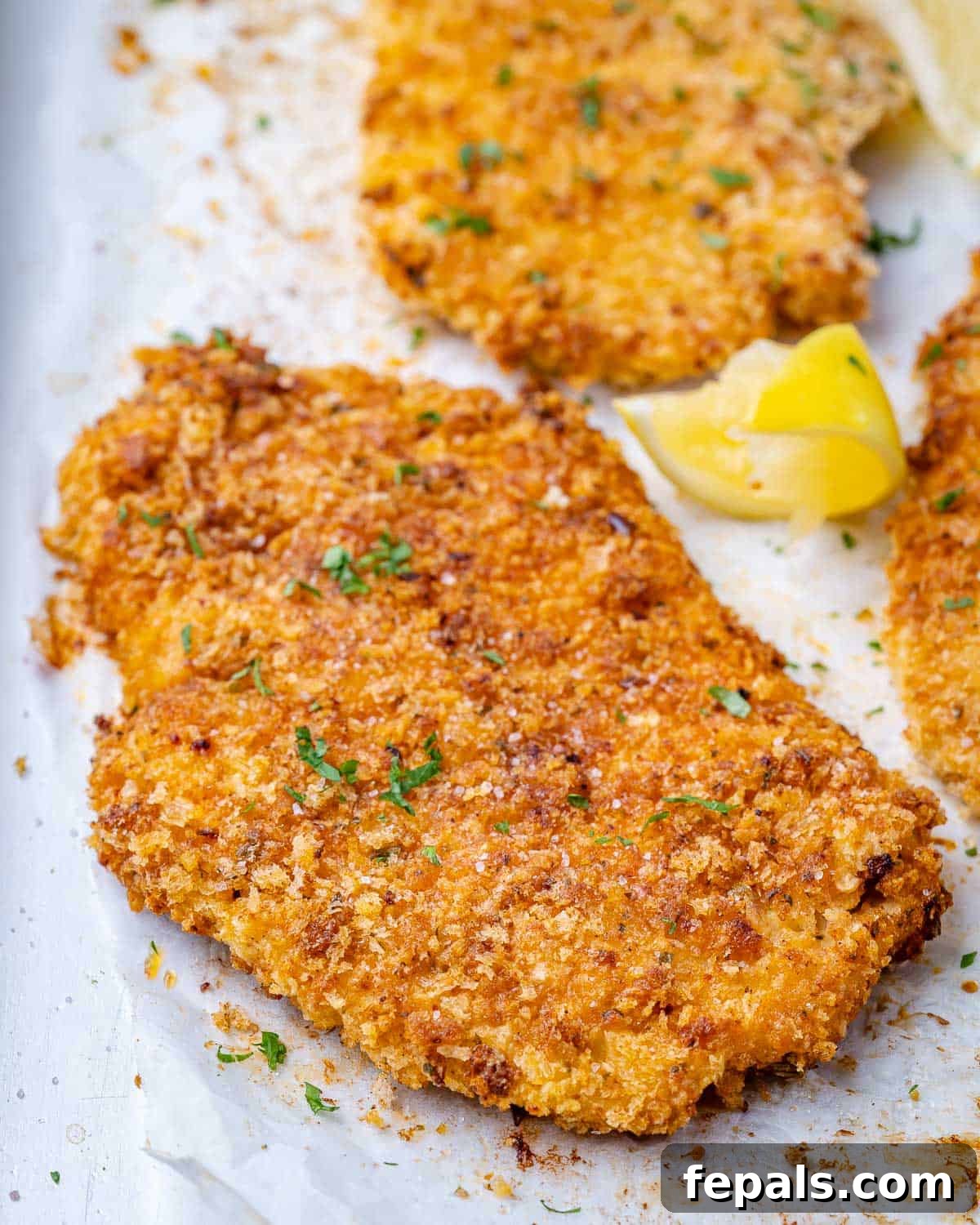 Healthy Parmesan Oven-Baked Chicken Close view of golden brown panko chicken with parmesan crust, garnished with fresh herbs and lemon wedges.