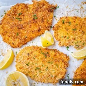 Crispy Parmesan Crusted Chicken 4 Top view of crispy chicken cutlets with lemon wedges and parsley garnishes.