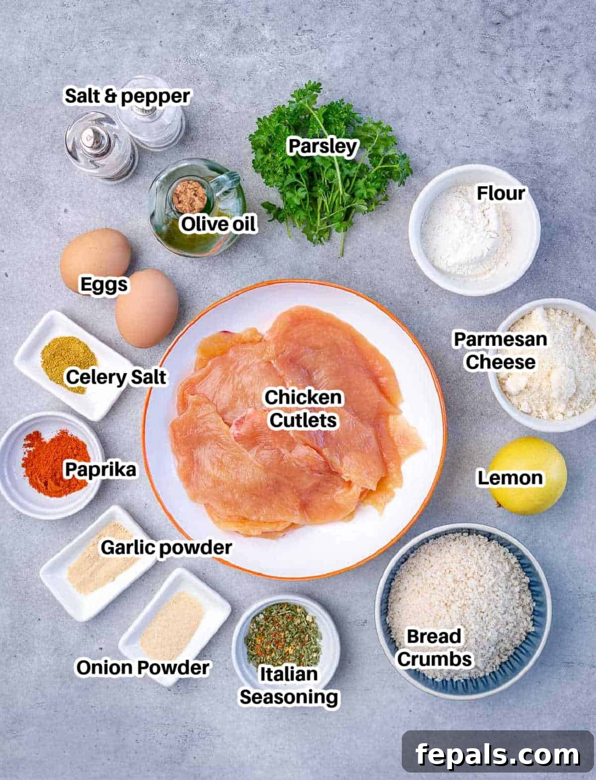 Crispy Parmesan Crusted Chicken 2 Ingredients laid out to make parmesan crusted chicken, including chicken, eggs, flour, breadcrumbs, parmesan, and seasonings.