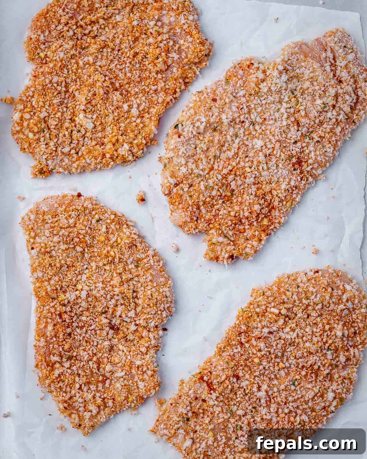 Parmesan Baked Chicken Recipe Chicken cutlets coated with breadcrumbs and parmesan, ready for cooking.