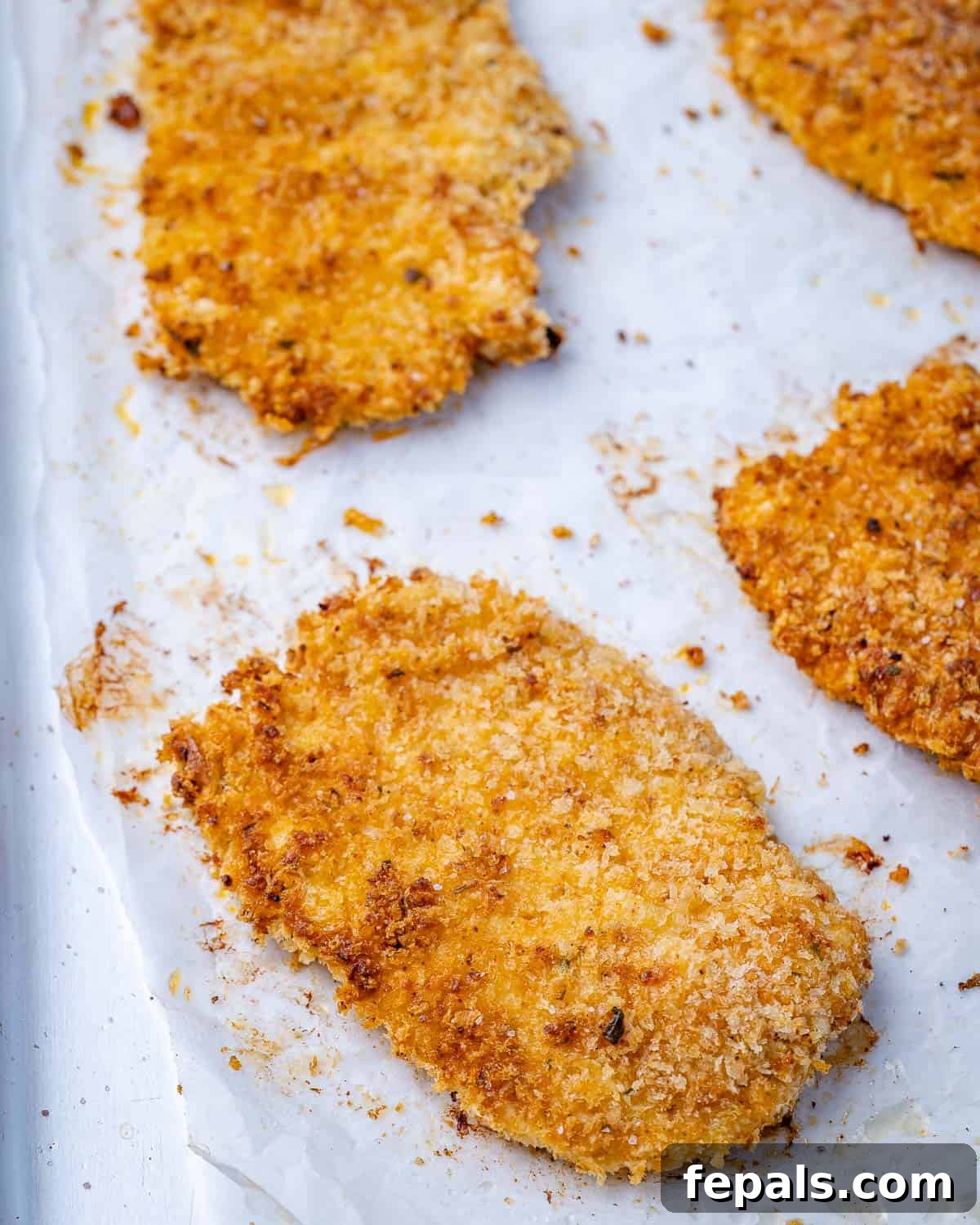 Easy Parmesan-Crusted Chicken Recipe Chicken cutlets with breadcrumb coating neatly arranged on a baking sheet, ready for the oven.
