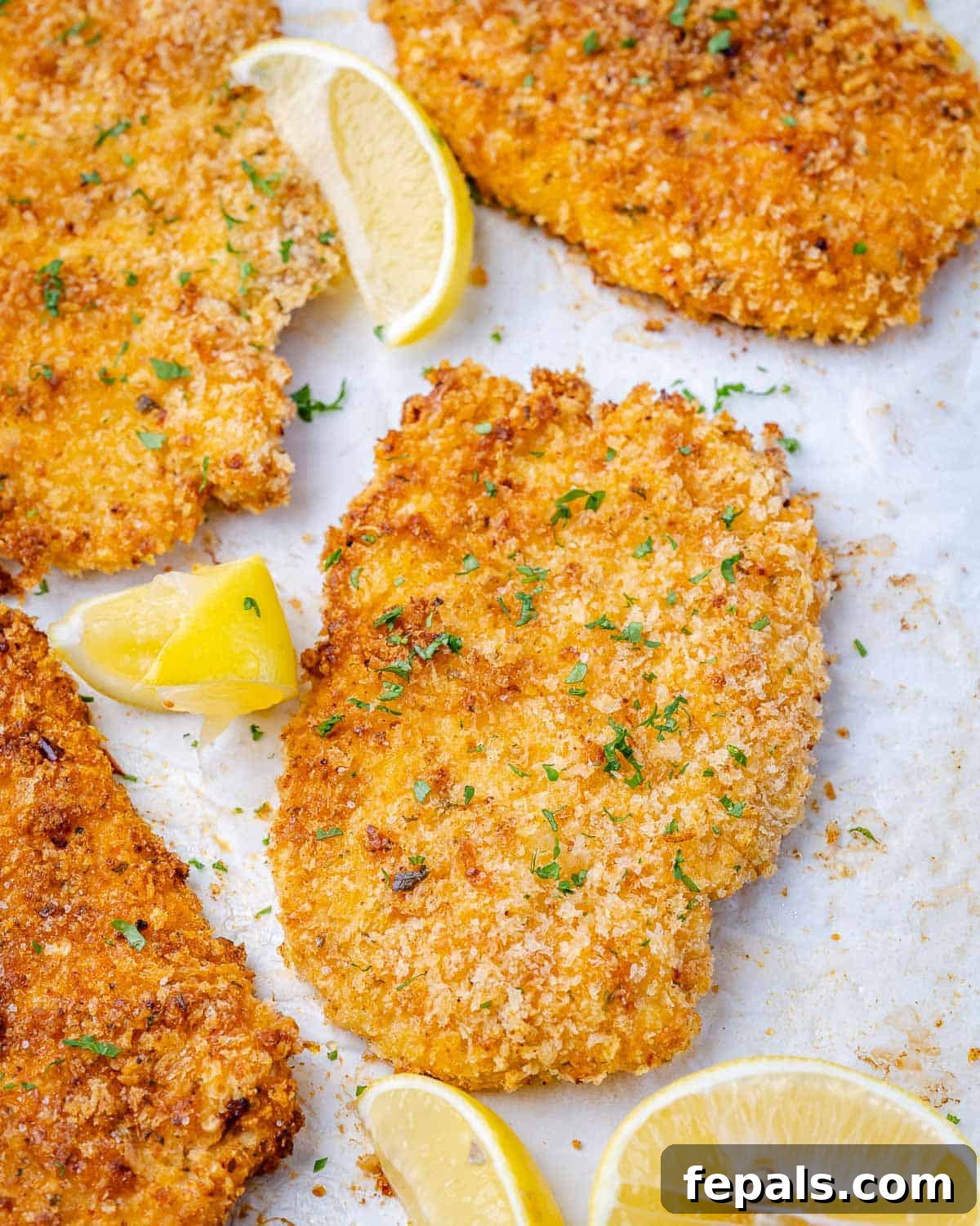 Garlic Herb Parmesan-Crusted Chicken Close view of golden brown Parmesan baked chicken with lemon wedges and fresh breadcrumbs, ready to be served.