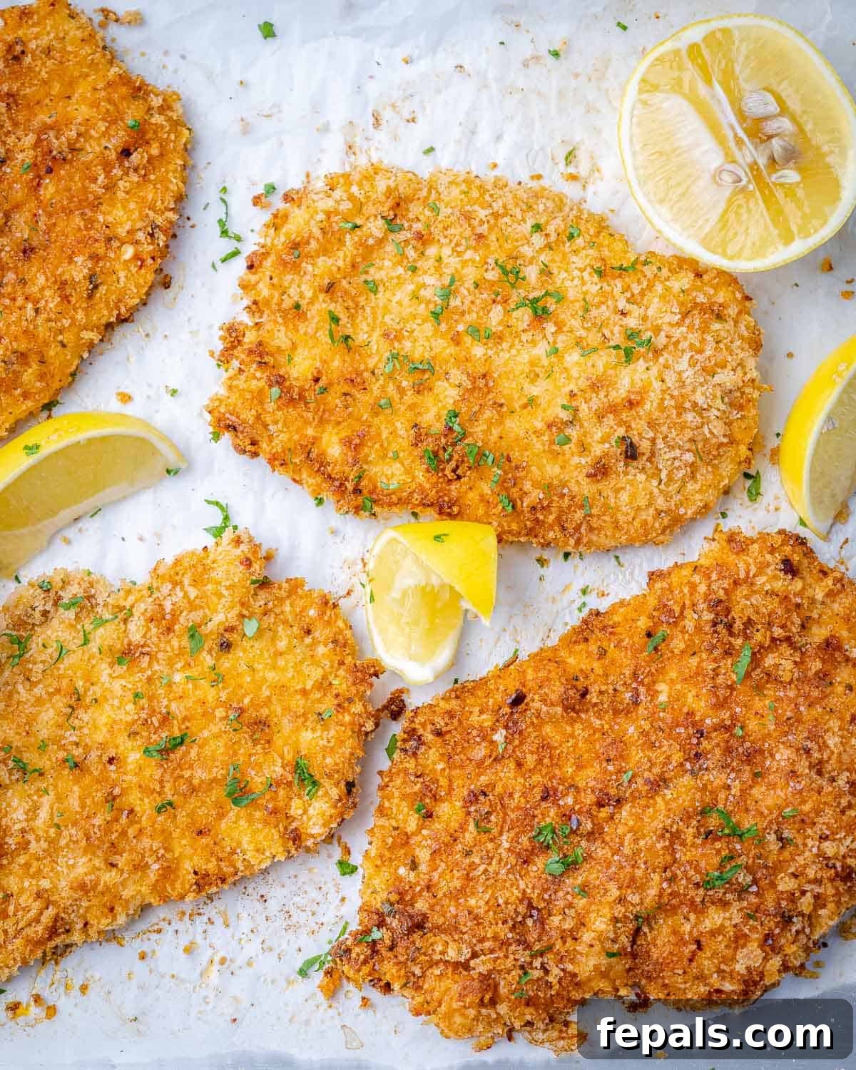 Parmesan-Crusted Baked Chicken Recipe Golden brown chicken cutlets with breadcrumb parmesan coating, garnished with fresh lemon wedges.