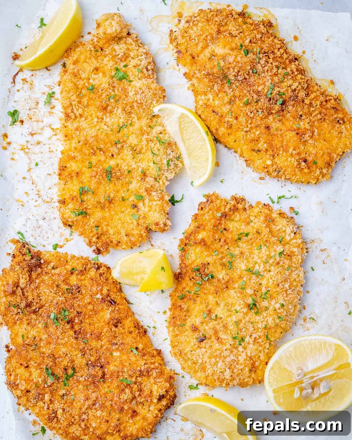 Healthy Baked Parmesan-Crusted Chicken Top view of golden brown Parmesan baked chicken breasts with lemon wedges and fresh parsley garnishes.