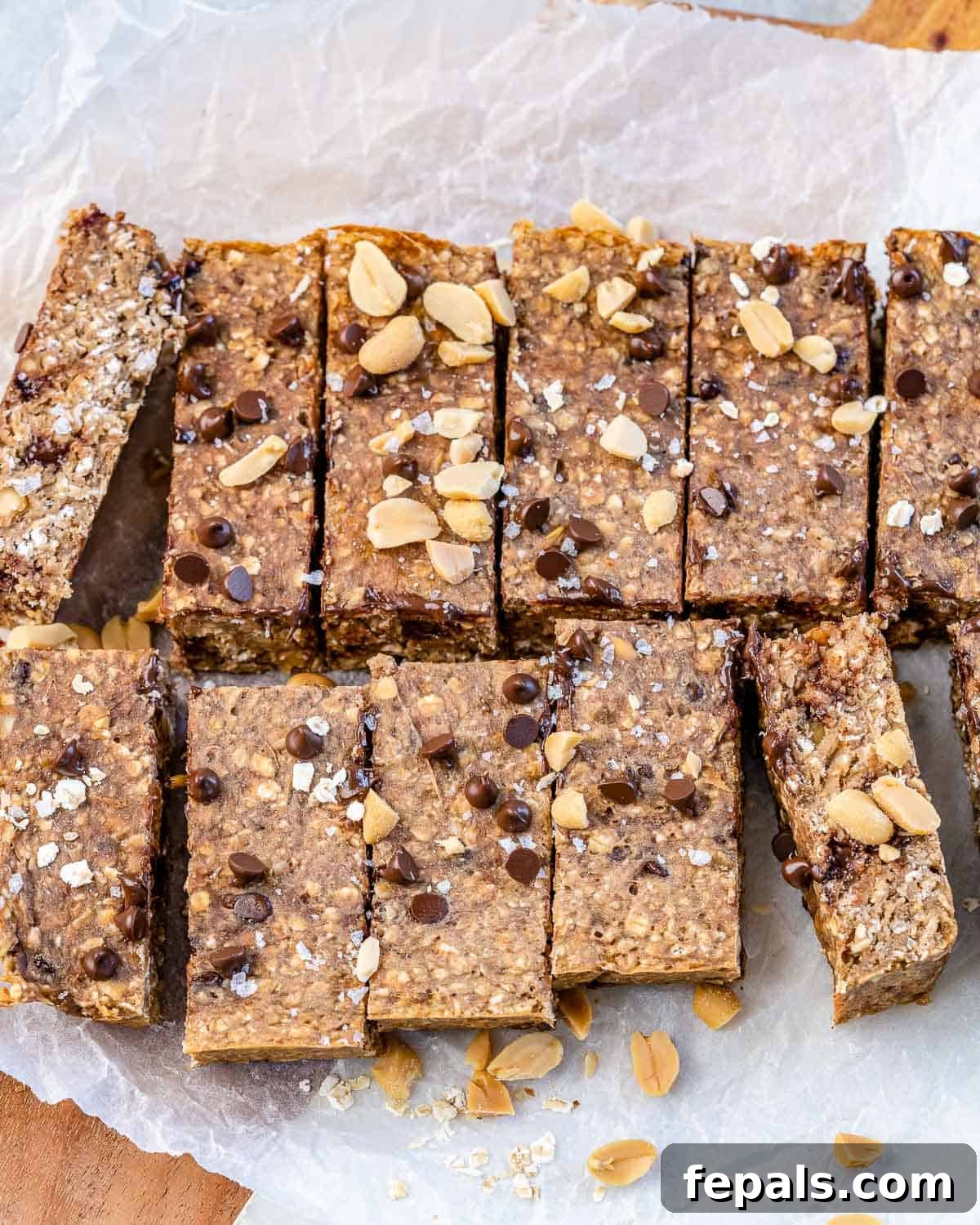 Soft-Baked Healthy Oatmeal Bars A vibrant top-down shot of twelve soft-baked oatmeal bars, rich with chocolate chips and crunchy peanuts, presented beautifully on a rustic wooden surface.