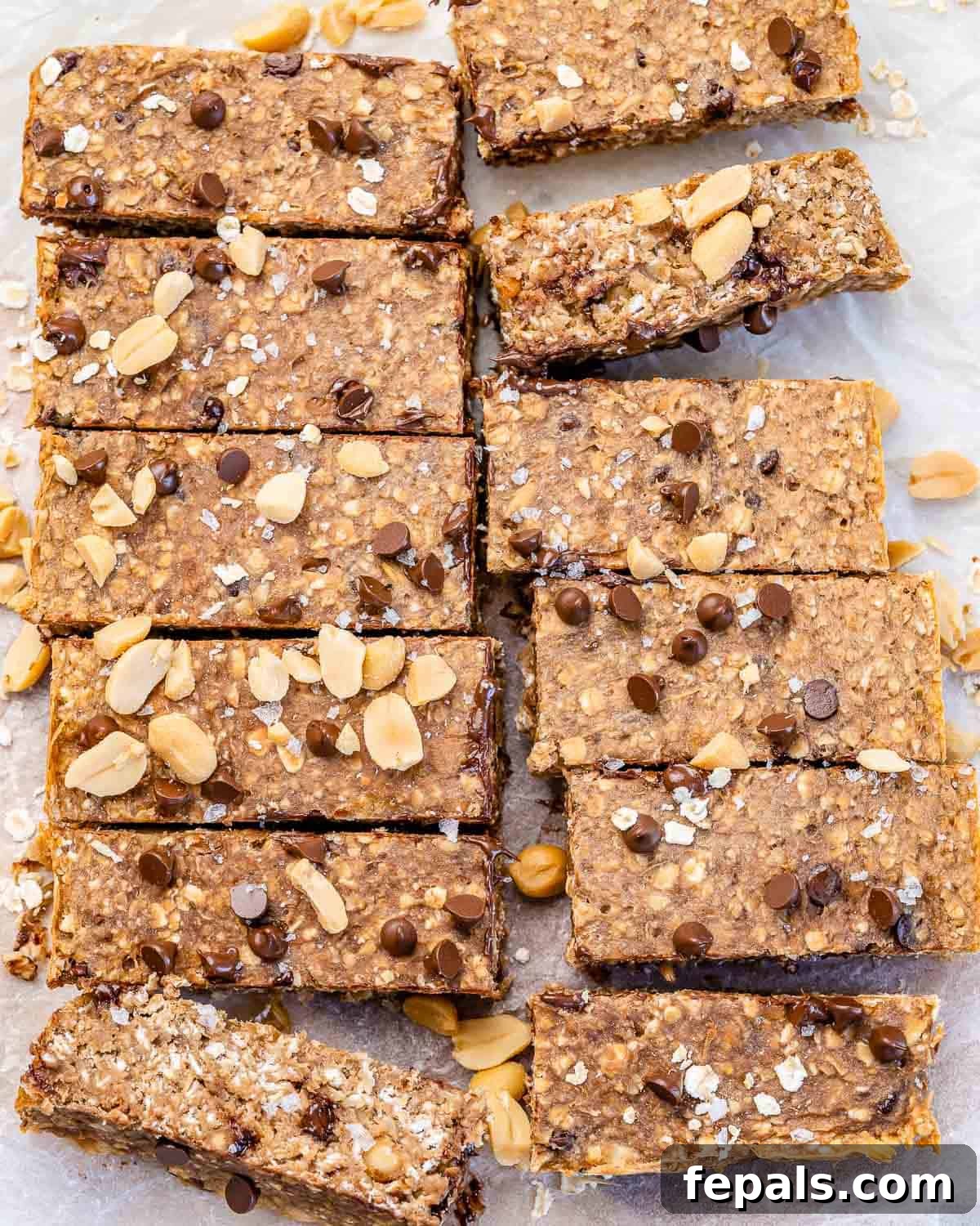 Healthy Oatmeal Protein Bars Recipe A top-down view of twelve perfectly baked healthy oatmeal bars, adorned with chocolate chips and peanuts, resting on parchment paper after cooling.
