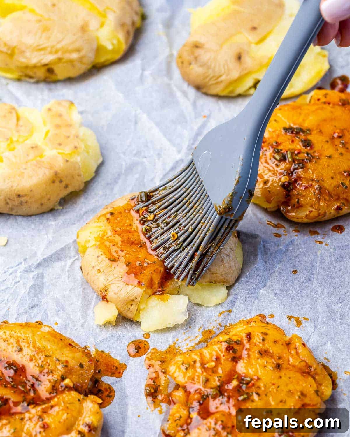 Smashed Potatoes basting potatoes with oil mixture