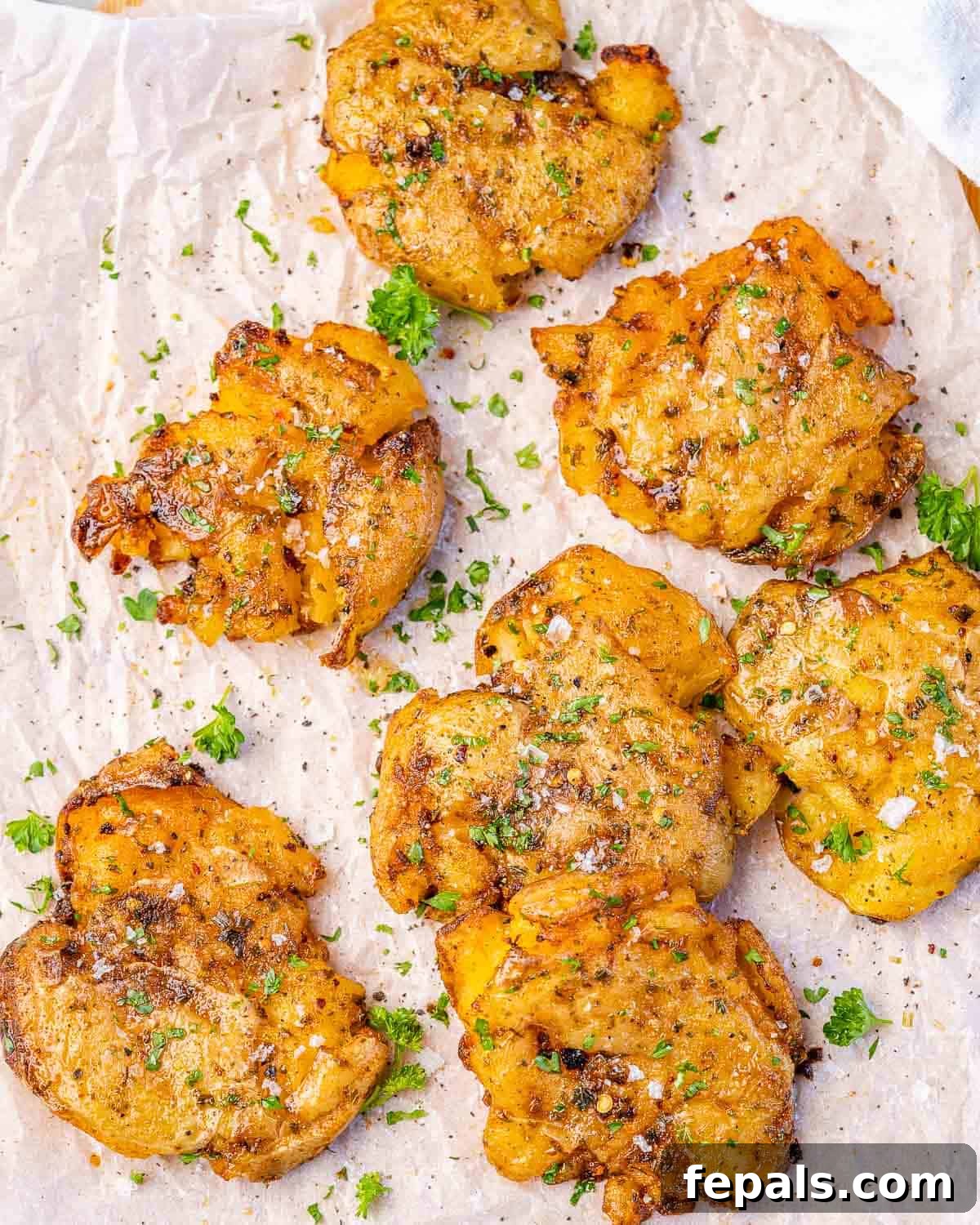 Smashed Potatoes Recipe smashed potatoes on parchment paper with parsley and seasoning