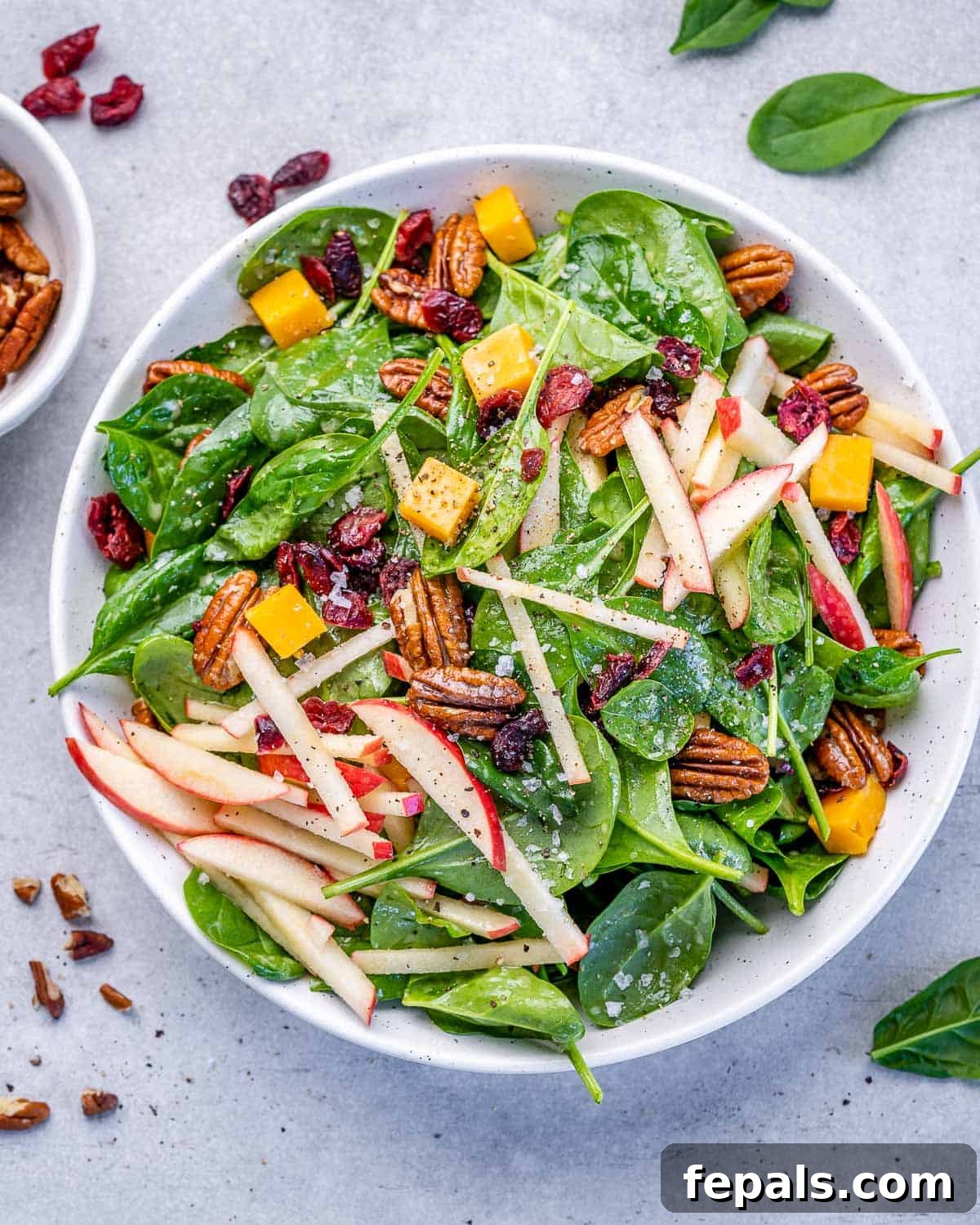 A beautiful white bowl brimming with fresh Apple Pecan Salad, showcasing crisp apples, green spinach, and golden pecans.
