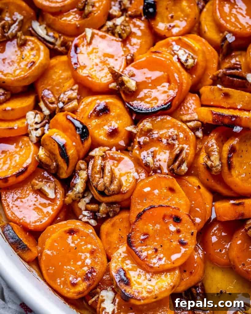 Caramelized Sweet Potato Bake 3 close up sliced candied and roasted sweet potatoes