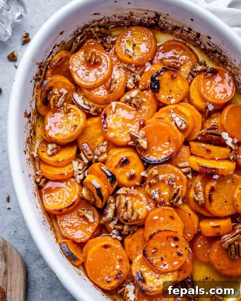 Caramelized Sweet Potato Bake 4 view from top of candied potatoes in a white dish