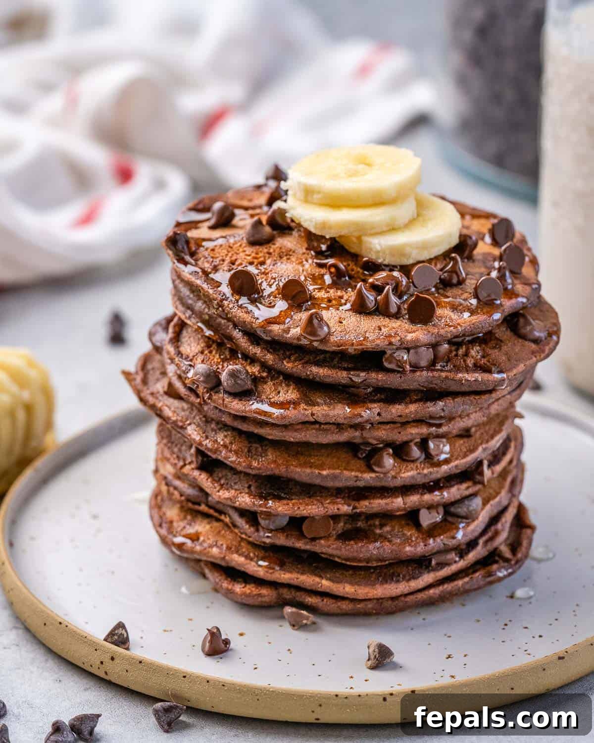A perfectly stacked pile of chocolate oatmeal pancakes adorned with delicate chocolate chips and vibrant banana slices, offering a tempting view for breakfast lovers.