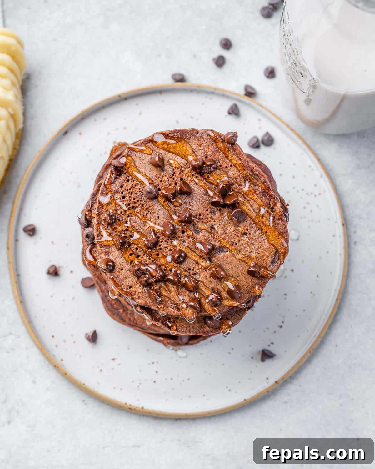 A single plate featuring a stack of healthy chocolate oatmeal pancakes, generously topped with chocolate chips, promising a delightful and fulfilling breakfast.