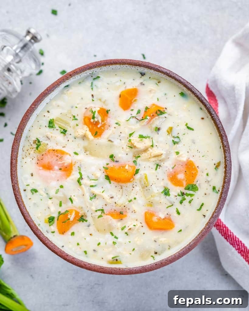 Velvety Chicken and Rice Comfort 3 top view chicken and rice soup with carrots and veggies in a bowl