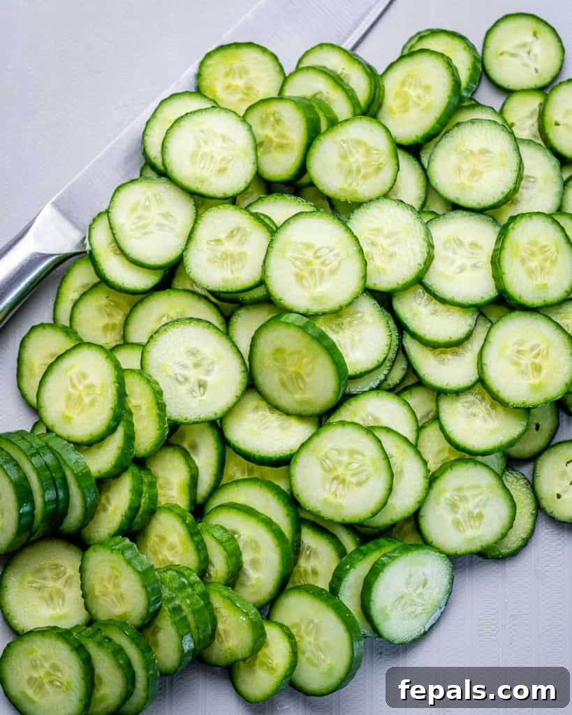 freshly sliced cucumbers on a cutting board