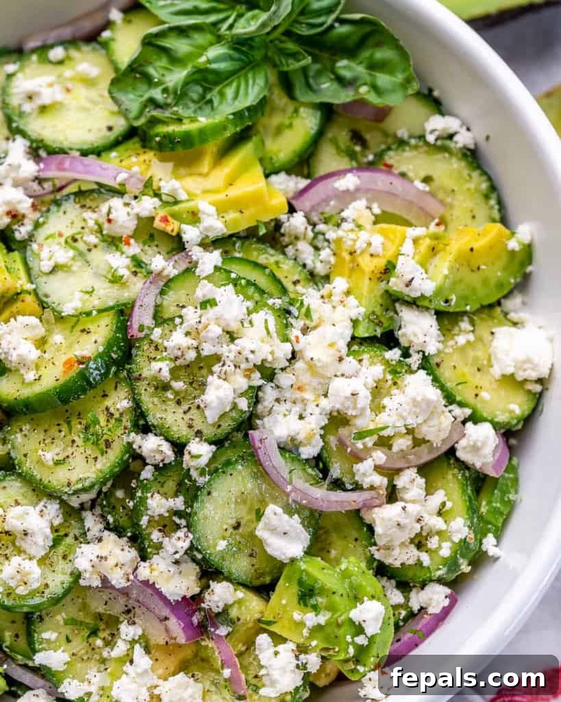 close up cucumber feta salad in a bowl