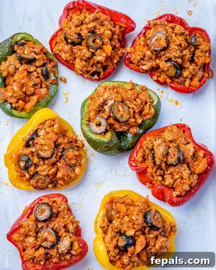 bell peppers stuffed with the turkey filling before adding cheese and baking