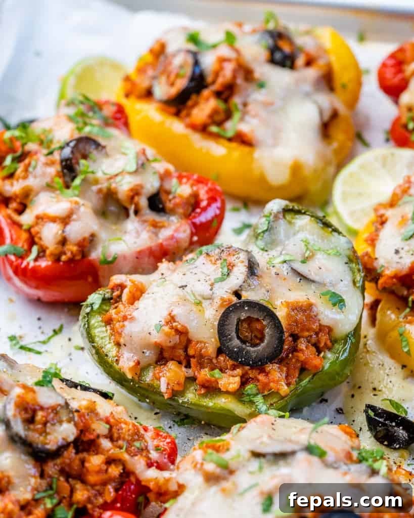 side shot of roasted stuffed peppers