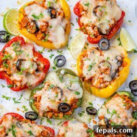 top view baked peppers stuffed with cheesy turkey