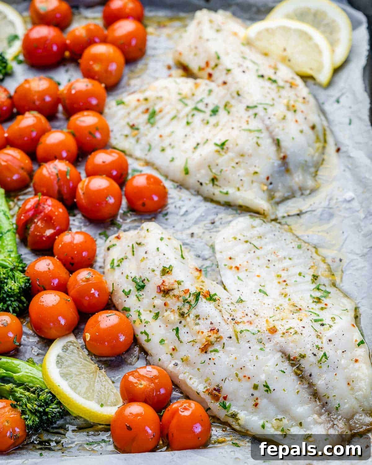 Best Way to Make Tilapia four tilapia fish fillets on sheet pan with tomatoes and lemon