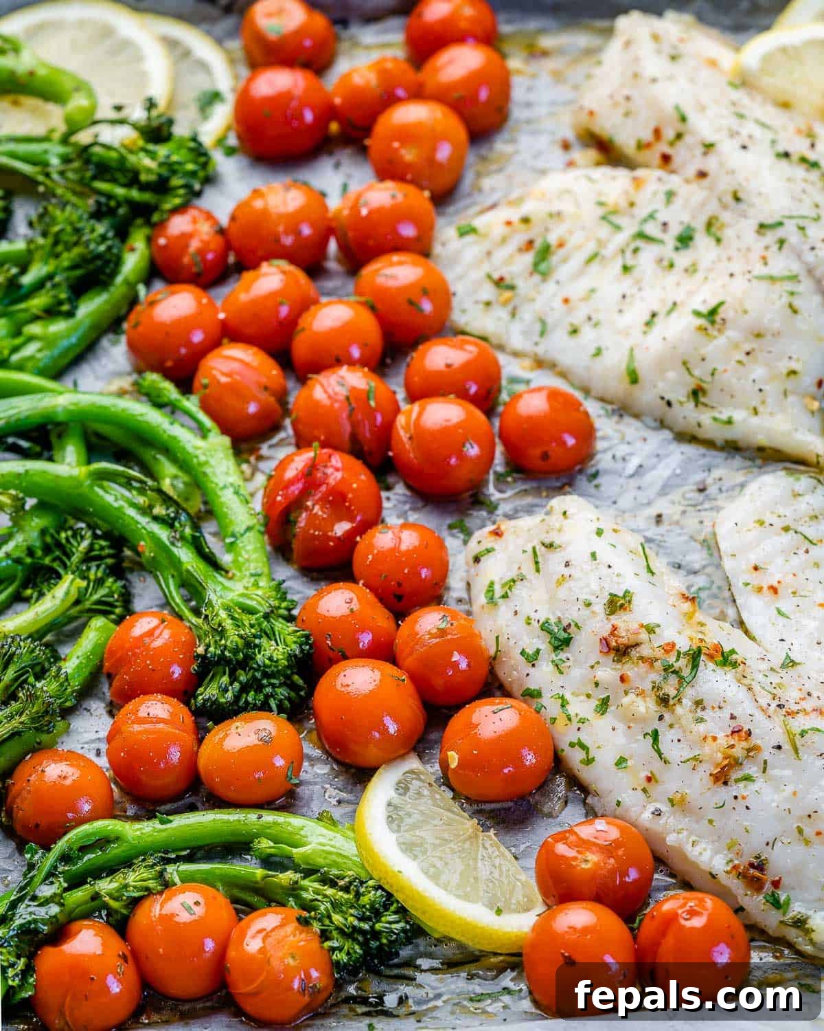 Oven Roasted Tilapia cherry tomatoes on baking sheet with tilapia, lemon, and broccolini