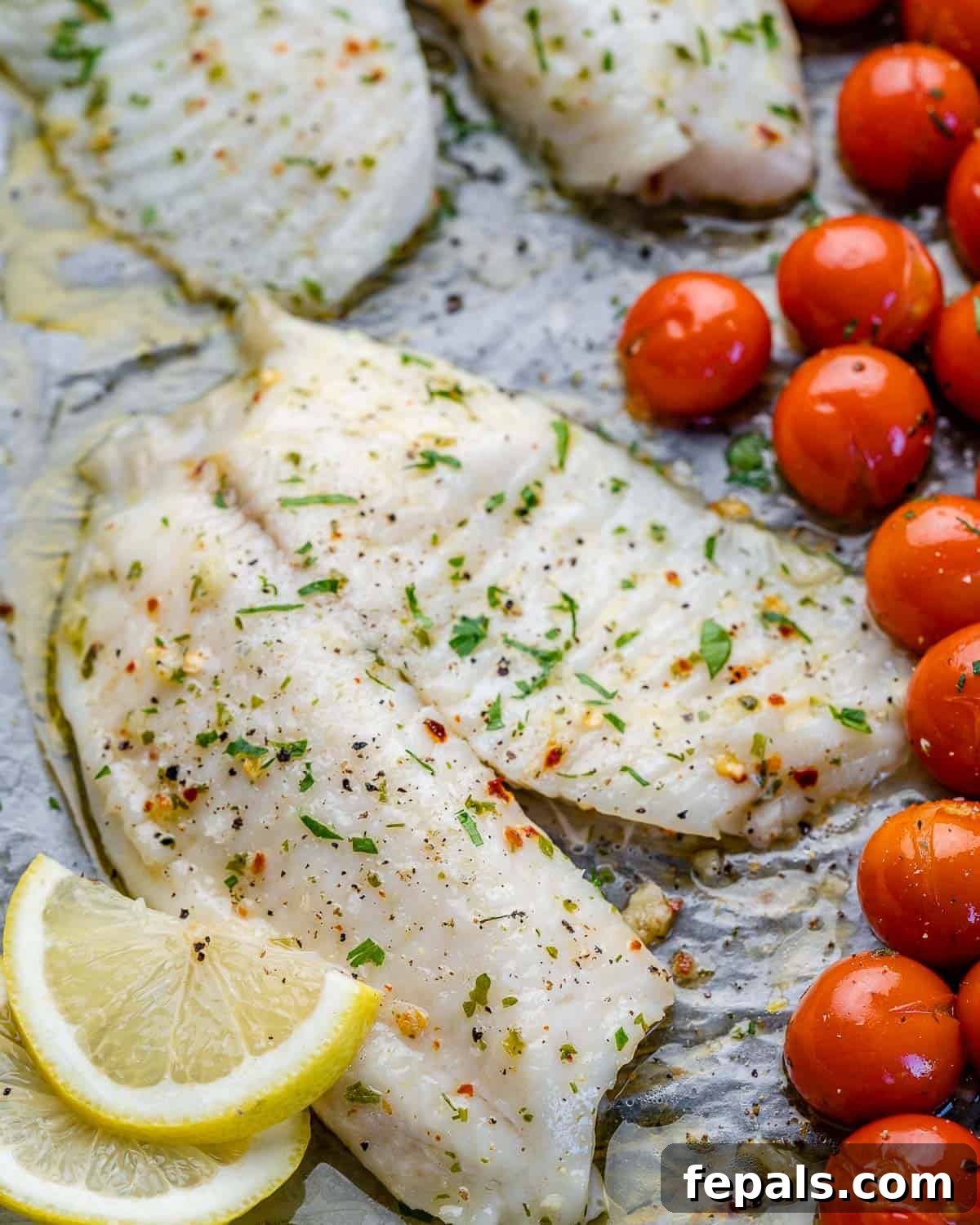 Oven-Baked Tilapia Fish Fillets two tilapia fish fillets with parsley, lemon, and tomatoes