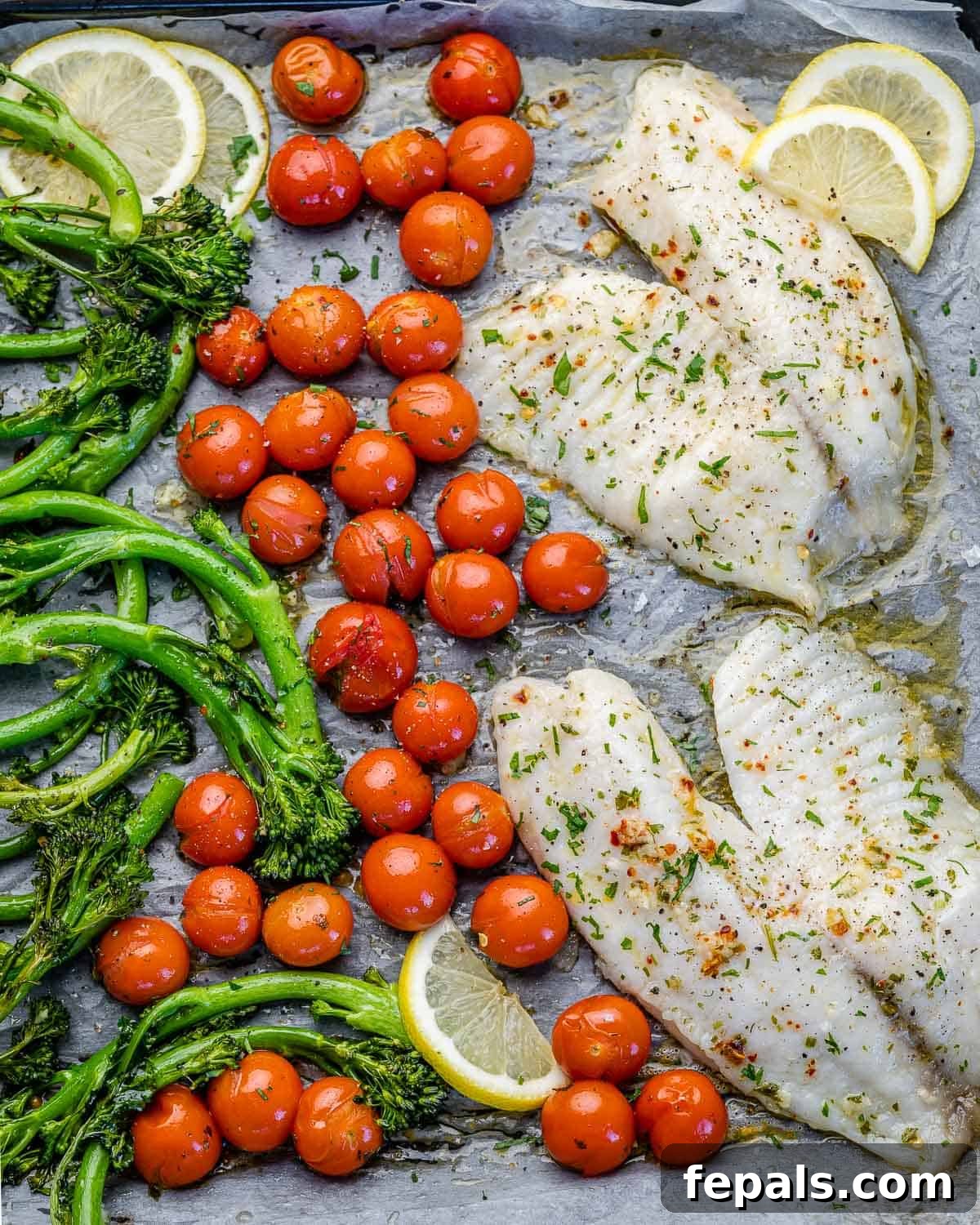 Sheet Pan Tilapia Recipe top view of fish fillets on baking sheet with tomatoes and broccolini